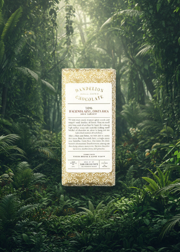 Dandelion chocolate bar packaging with gold and white design