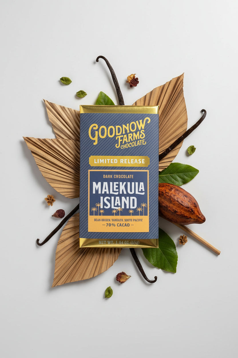 Goodnow Farms Malekula Island dark chocolate packaging on a white background