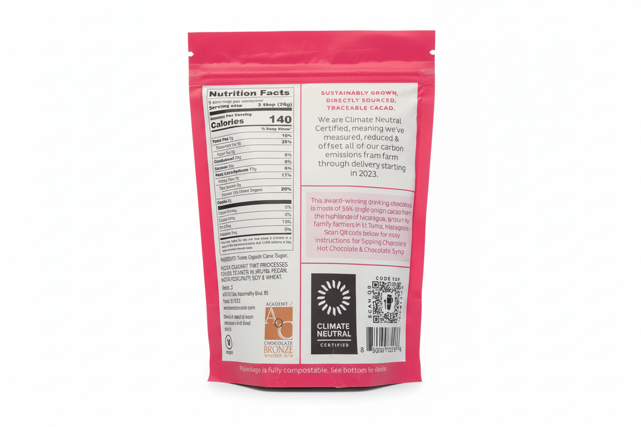 Xocolatl Drinking chocolate Pink package with nutrition label and QR code on a wooden surface