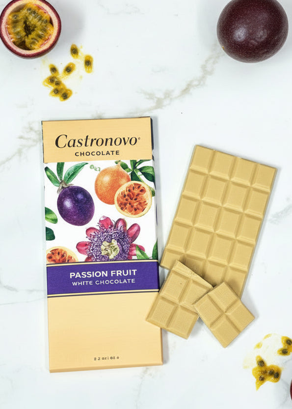Castronovo passion fruit white chocolate bar with packaging on a white background