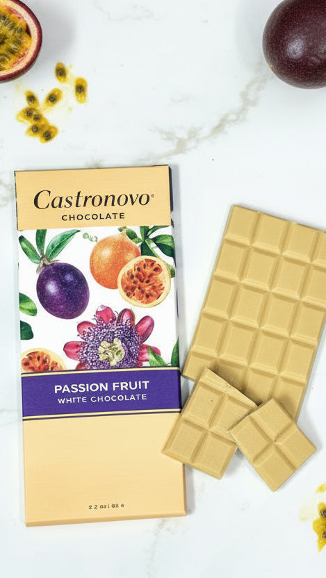 Castronovo passion fruit white chocolate bar with packaging on a white background