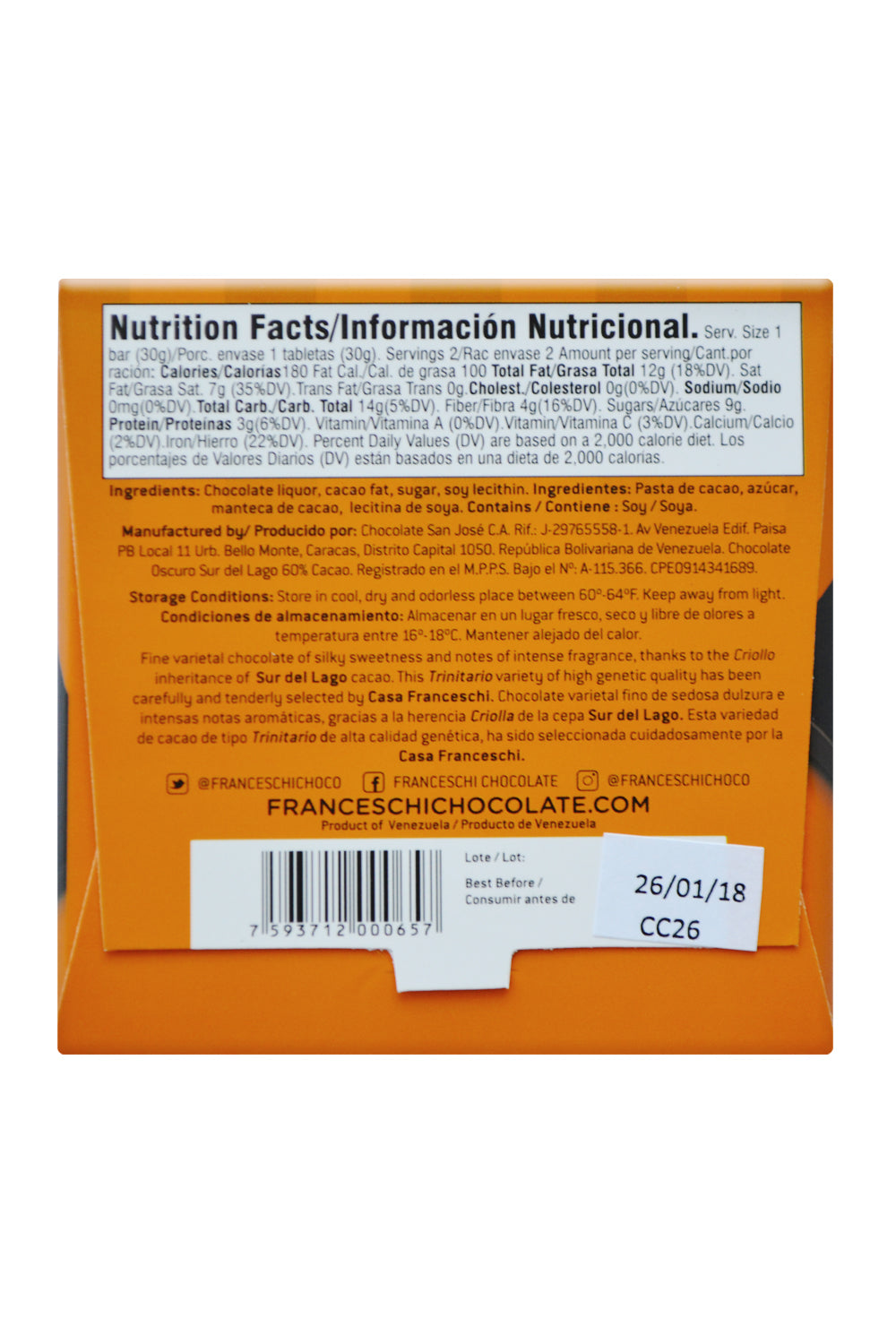 Franceschi Dark Chocolate - Fine Sur del Lago back