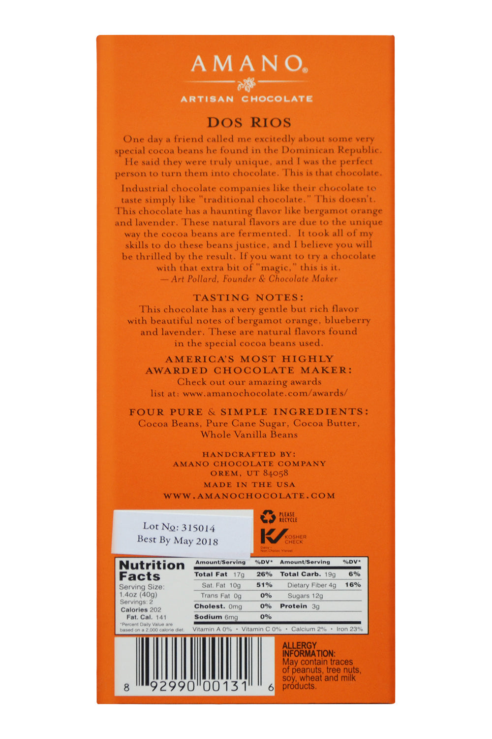 Amano Dark Chocolate - Dos Rios back