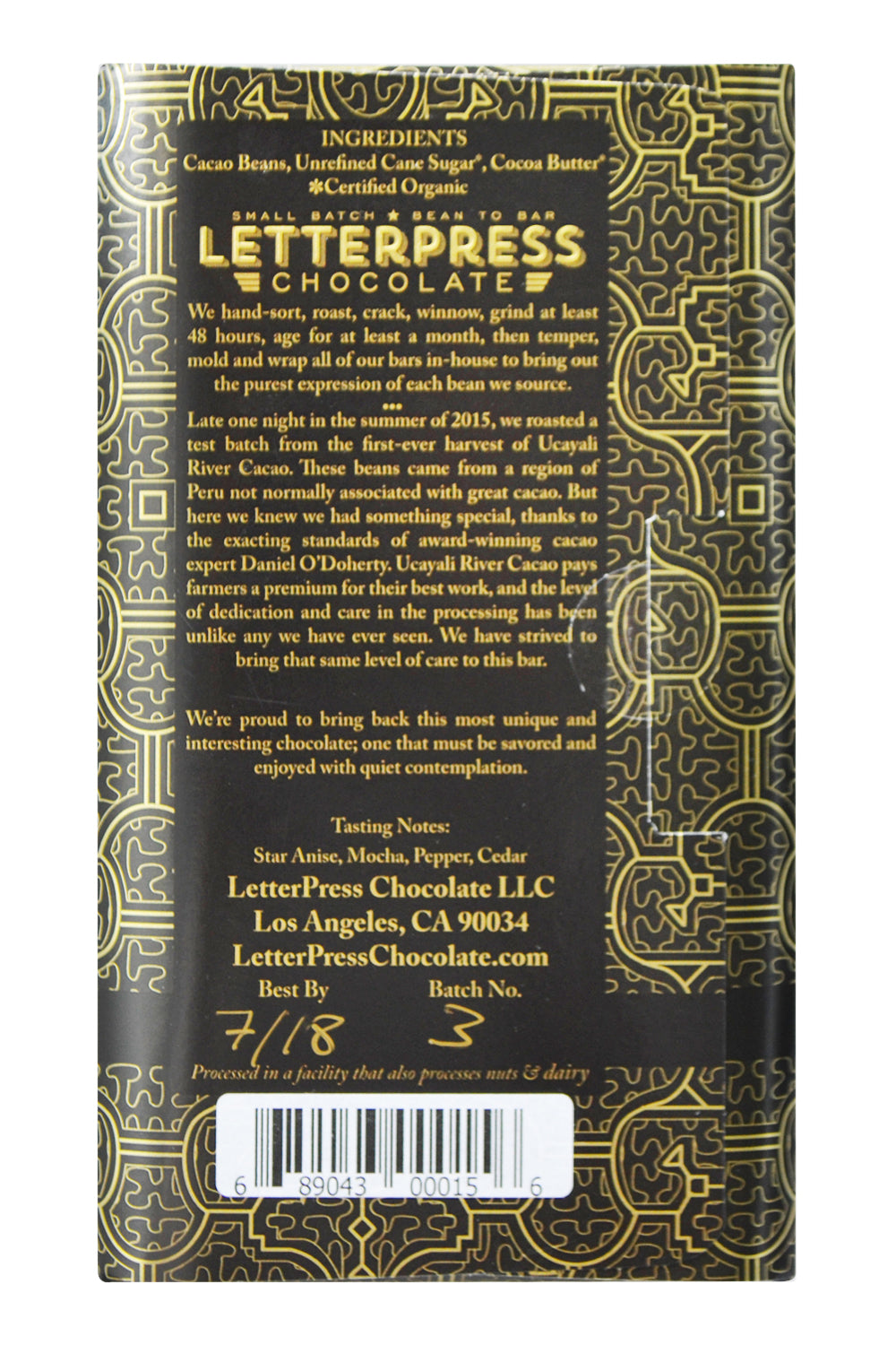 Letterpress Dark Chocolate - Ucayali, Perú back