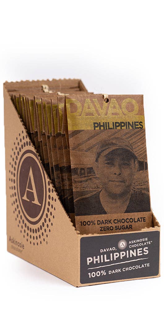Box of Davao Philippines chocolate bars with a person's face on one of them.
