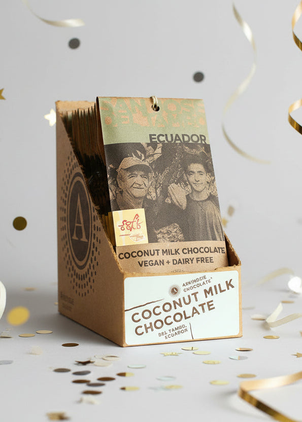 Box of Ecuador coconut milk chocolate with a person on the packaging