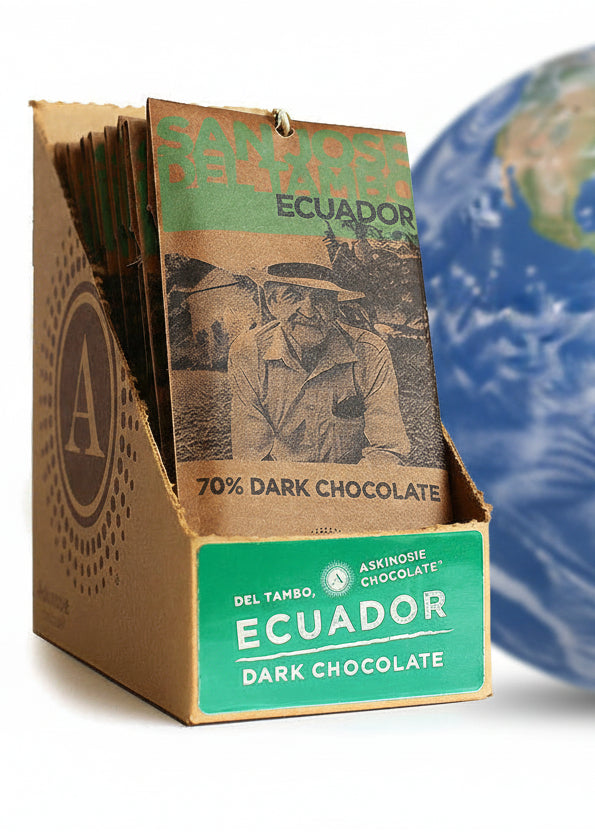 Box of Ecuador dark chocolate with a person illustration on a white background