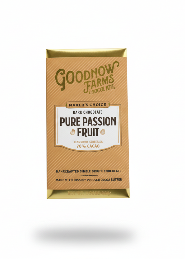 Goodnow Farms Pure Passion Fruit chocolate packaging on a transparent background