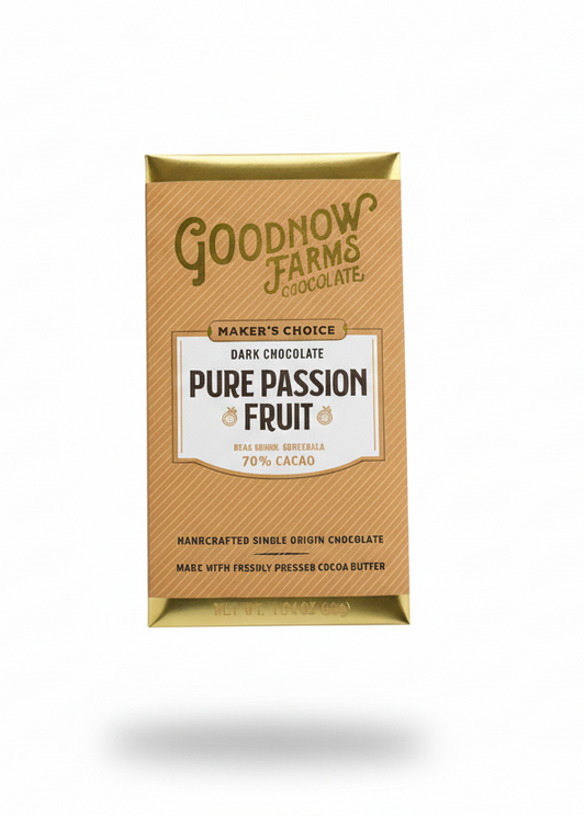 Goodnow Farms Pure Passion Fruit chocolate packaging on a transparent background