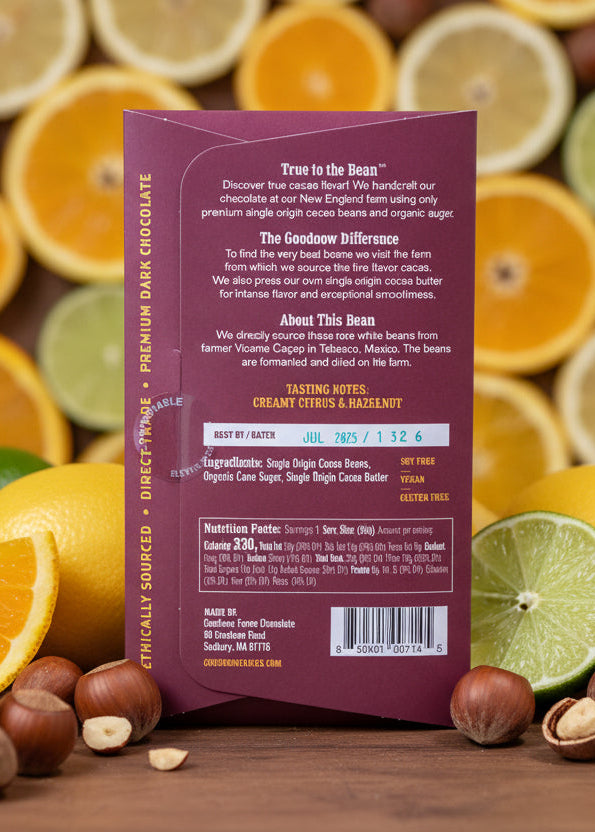 Back of a chocolate bar packaging with text and nutritional information, surrounded by cocoa beans.
