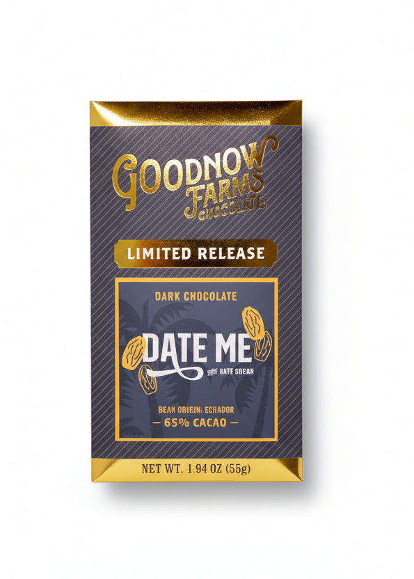 Goodnow Farms chocolate bar packaging with gold and blue design on a white background