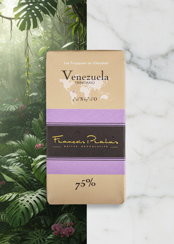 Chocolate bar with 'Venezuela' label against a tropical background