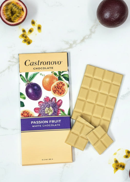 Castronovo passion fruit white chocolate bar with packaging on a white background