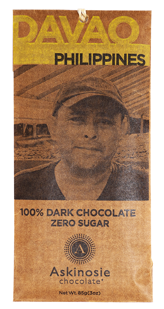 Davao Philippines chocolate bar packaging with a person's face and 'Askinasie' branding.