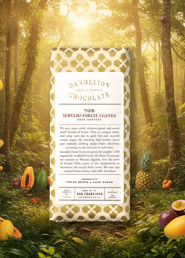 Dandelion Chocolate bar with gold and white pattern on a green background