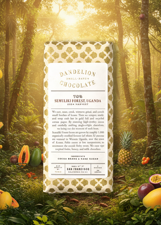 Dandelion Chocolate bar with gold and white pattern on a green background